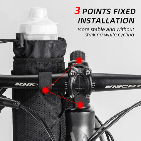 Bike Water Bottle Holder Bag With Insulated Stem Bag 1L Capacity Mounts On Handlebar showing 3-point installation