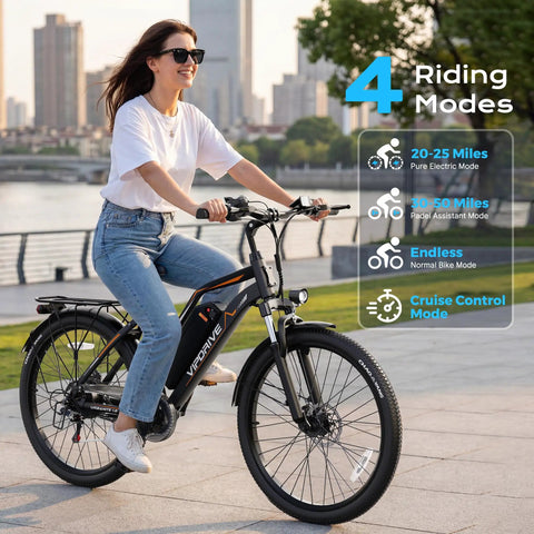Woman riding Powerful 1000W Peak Electric Bike For Adults With 20 MPH Top Speed, 26 Inch And 24 Inch Wheels along river path