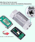 Your Go To 1.5 Inch NPT Fuel Flow Meter with LCD and inline turbine, battery compartment view, measures 10.5-74 GPM for various liquids