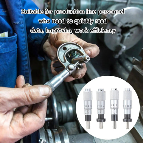 Worker using 0 To 13mm Flat Type Micrometer Head With 0.01mm Accuracy on machinery; inset shows various micrometer heads