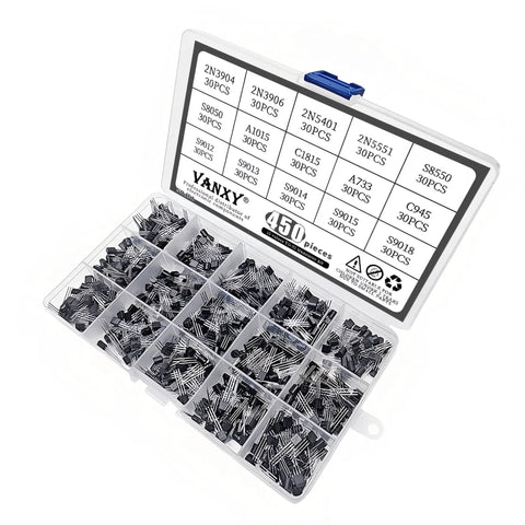 450 Piece TO 92 Transistor Kit With 15 Dope Values Including 2N3904 2N3906 2N5401 2N5551 S8550 S8050 A1015 C1815 A733 C945 S9012 S9013 S9014 S9015 S9018 For DIY Electronics Projects And Pro Builds in a transparent storage box with compartments displaying various transistors neatly organized by type and labeled for easy identification.