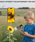 1080P Handheld Digital Microscope With 50X To 1000X Magnification, On The Go Portable USB Microscope With Adjustable Stand, 4 In 1 Cable Connection For iPhone Android Mac Windows PC, Great For Hobbyists And Fieldwork, boy using phone with sunflower