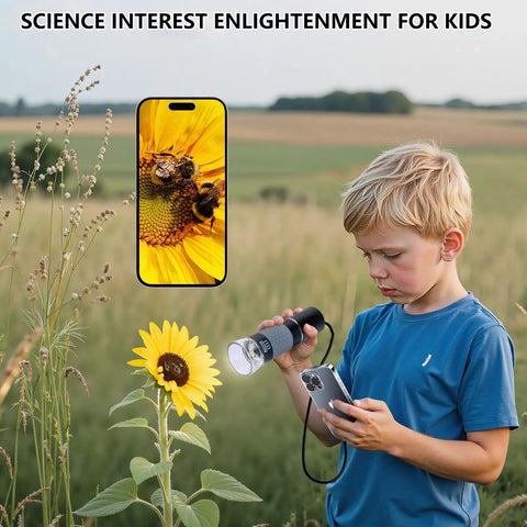 1080P Handheld Digital Microscope With 50X To 1000X Magnification, On The Go Portable USB Microscope With Adjustable Stand, 4 In 1 Cable Connection For iPhone Android Mac Windows PC, Great For Hobbyists And Fieldwork, boy using phone with sunflower