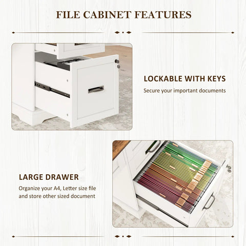 55 Inch Farmhouse Style Computer Desk With Drawers And File Cabinet Built In USB Charging Station White Finish Two Look Black Handle Hardware Cable Management Hole Spacious All In One Home Office Desk with lockable file cabinet and large, organized drawers for A4 files.
