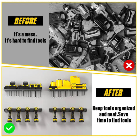 Power Tool Organizer Wall Mount Heavy Duty Cordless Drill Holder And Battery Shelf Metal Garage Storage Rack with Eight Drill Slots And Two Shelves For Tidy Clutter Free Workshop before and after use illustration