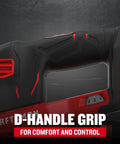 Close-up of ergonomic D-handle on 20V Max Cordless Detail Sander Tool Only With Pro-Grade Power And Variable Speed, red and black design