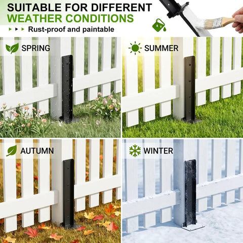 Heavy Duty H Frame Fence Post Stabilizer Kit For Straightening Leaning Wood Fence Posts Without Any Drama While Keeping Residential Yards And Decks Level And Secure Today, shown in different seasons.