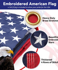 Flag Pole Kit For House Exterior With 5 Foot Heavy Duty Steel Pole And 3 By 5 Embroidered USA Flag details with grommets and stars