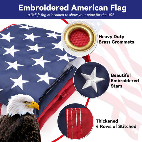 Flag Pole Kit For House Exterior With 5 Foot Heavy Duty Steel Pole And 3 By 5 Embroidered USA Flag details with grommets and stars