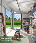 Interior view of Triple Door Outdoor Storage Shed With Lockable Doors 7.5 By 4 Foot Steel Backyard Cabinet, open doors, tools visible 