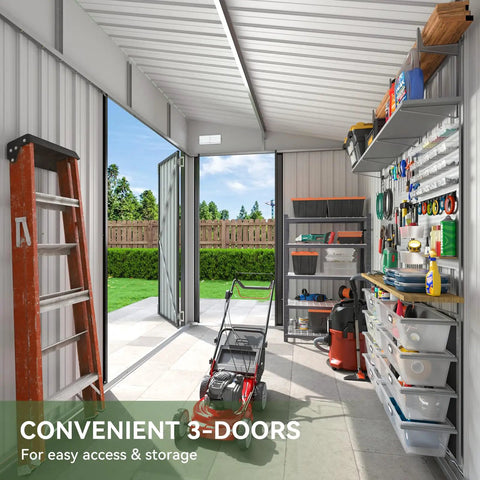 Interior view of Triple Door Outdoor Storage Shed With Lockable Doors 7.5 By 4 Foot Steel Backyard Cabinet, open doors, tools visible 