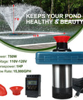 Beefy High Flow Pond Fountain Aerator Pump For Outdoor Ponds And Lakes 110V 1HP 750W 15000 GPH with 100ft cord and stainless body.