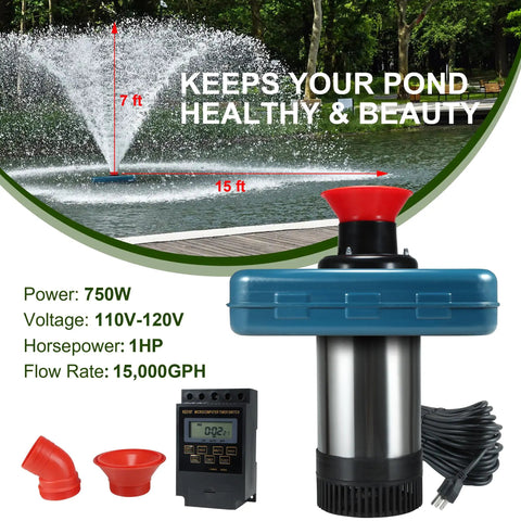 Beefy High Flow Pond Fountain Aerator Pump For Outdoor Ponds And Lakes 110V 1HP 750W 15000 GPH with 100ft cord and stainless body.