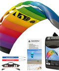 Rainbow 1.8 Stunt Kite For Beginners And Pros With Dual Line Foil Sport Kite Easy Setup displayed with manual and accessories