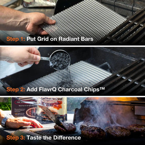 Step-by-step use of Starter Kit With Natural Sugar Maple Charcoal Chips And Stainless Steel Grid Delivers True Charcoal BBQ Flavor On Gas Grills In 10 Minutes A Smoker Box Alternative For Propane Grills 2lb Bag