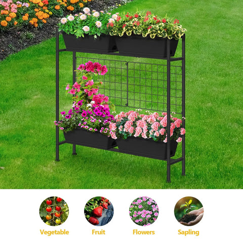Vertical Raised Garden Bed With Trellis And Legs For Patio Balcony Outdoor Planter Box For Herbs Flowers And Vegetables Elevated Climbing Plant Bed 32.4 Inch High Black, assembled with flowers on grass.