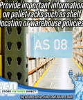 Heavy Duty Warehouse Aisle Sign Holders With Flexible Hinge For Pallet Rack Uprights holding AS 08 sign in aisle with pallet stacks.