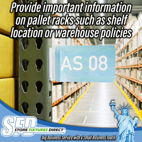 Heavy Duty Warehouse Aisle Sign Holders For Pallet Rack Upright With Flexible Hinge 50 Pack mounted on rack showing shelf ID AS 08.