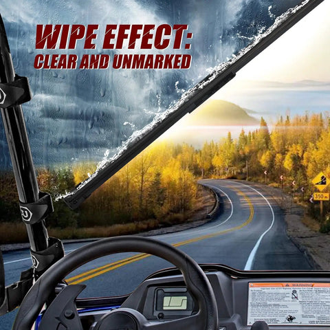 Universal Fifteen Point Six Inch UTV And Golf Cart Wiper Blade With Manual Arm Kit Heavy Duty All Weather Sintered Metal Frame For Polaris RZR Ranger Can Am Kawasaki Honda Club Car Windshields No Sweat Install wiping away rain on a UTV windshield