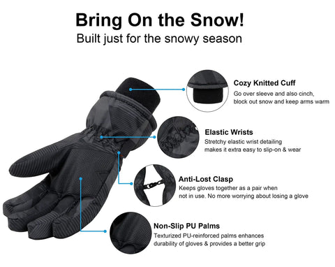 Kids Windproof Waterproof Ski Gloves Black Size M 7 To 9 Years With Reinforced Palm And Thumb Patch For Grip