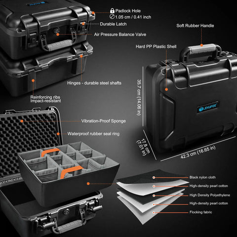 Waterproof Hard Case With Padded Dividers For Drones And Cameras Fits DJI Mavic 4 Pro Air 3S Mini 5 Pro 4 3 And Compatible Sony Canon Nikon Gear And Accessories Black with open dividers