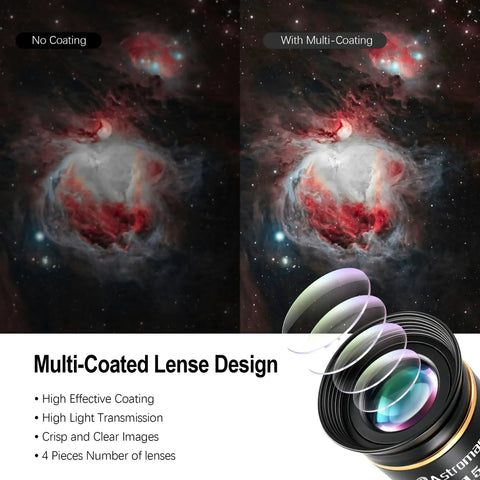 Comparison of nebula view with and without multi-coating on 1.25 Inch HD Fully Multi Coated Eyepiece With Long Eye Relief, 66 Degree Ultra Wide Angle For Astronomy Telescopes, All Aluminum Body, Dust Covers, Sharp Contrast And Clear Views For Deep Sky Observing