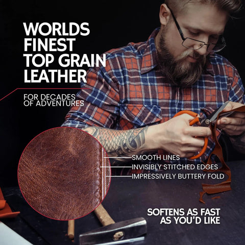 Craftsman working with top grain leather for Rugged Leather Mens RFID Blocking Trifold Wallet With Double Cash Compartments Secret Pocket Top Grain Forest Brown Durable Outdoor Quality Compact Secure Design Gift Box Included.