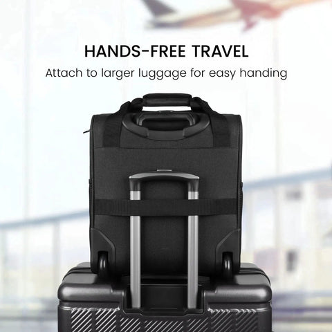 16 Inch Underseat Carry On Luggage With Wheels 3 In 1 Design attached to larger suitcase, showing back strap and handle