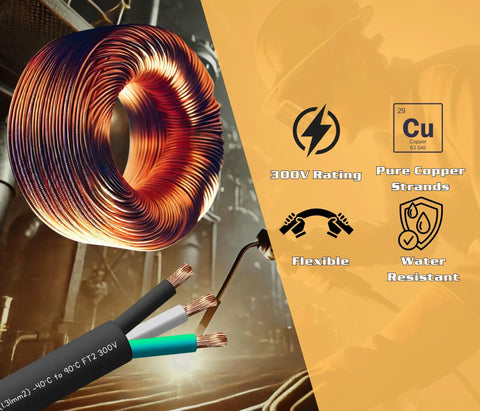 Heavy Duty Rugged Power Cable Cord 10 Ft 16 3 SJOOW 16 AWG Three Conductor Extender Wire For EV Chargers Battery Packs And Construction Gear, showing a coil of copper wire.