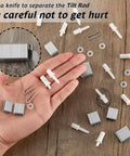 Bulletproof Plantation Shutter Repair Kit Featuring 85 Piece Hardware Collection with spring pins and louver staples shown in hand.