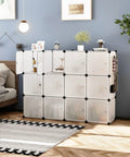 12 Cube Storage Organizer With Doors For Home And Living Room, DIY Plastic Modular Bookshelf in Transparent White next to bed