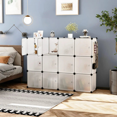 12 Cube Storage Organizer With Doors For Home And Living Room, DIY Plastic Modular Bookshelf in Transparent White next to bed