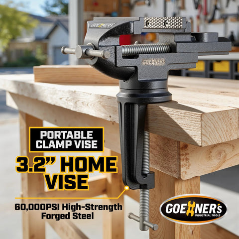 Front view of a 3.2-inch portable clamp-on bench vise mounted to a wooden workbench.