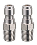 Two stainless steel RIDGE WASHER pressure washer couplers with 1/4 in quick-connect plugs, male NPT, 2-pack
