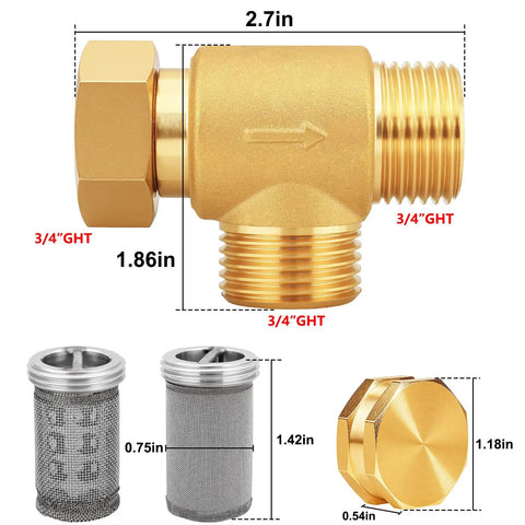 Heavy Duty Brass Garden Hose Filter Attachment With 100 Mesh And 40 Mesh Stainless Screens, dimensions and cap visible.