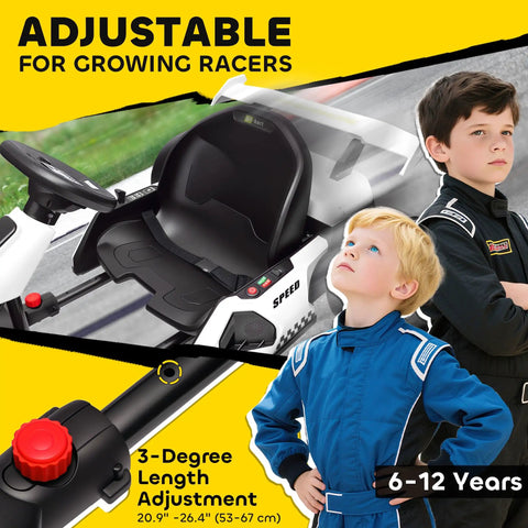 Dual Motor 24V Electric Go Kart For Kids 6-12 With Adjustable Seat Drift Mode Slow Start Lights Music And Horn in white with two children