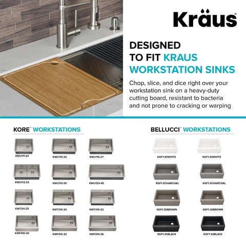 Solid Bamboo Cutting Board For Workstation Sinks Over The Sink Prep Board shown on sink with Kraus branding