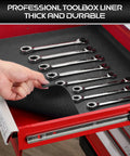 Heavy Duty Tool Box Liner 16 Inch By 16 Foot Roll 3mm Thick Non Slip Grid Line Drawer Mat shown in red tool drawer