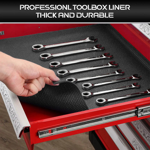 Heavy Duty Tool Box Liner 16 Inch By 16 Foot Roll 3mm Thick Non Slip Grid Line Drawer Mat shown in red tool drawer