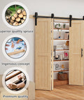 Workhorse Spruce Wood Bifold Barn Door Kit Includes 90 Inch Track Assembly Free Double Door Panels 84X84 Inches For Closets Built Tough Zero Fuss Setup showing spruce doors and track close-up.