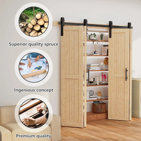 Workhorse Spruce Wood Bifold Barn Door Kit Includes 90 Inch Track Assembly Free Double Door Panels 84X84 Inches For Closets Built Tough Zero Fuss Setup showing spruce doors and track close-up.