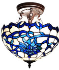 Vayne Blue And White Stained Glass Bowl Shade Two Light Tiffany Style Semi Flush Mount Ceiling Light With Bronze Finish For Dining Rooms ETL Listed And Ready For Two 60-Watt Bulbs, close-up view.