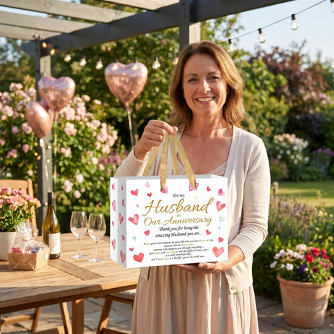 Woman holding Anniversary Gift Bag For Hubby With Greeting Card And 3 Tissue Paper Romantic Heart Theme Wrap Bag For Men in garden