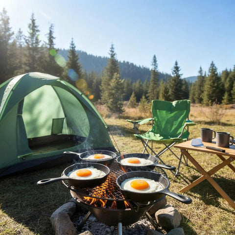 Four Pack Mini Cast Iron Skillets 4 Inch With Double Drip Spouts cooking eggs on outdoor grill by tent and chairs.