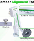 Universal Wheel Alignment Tool With Magnetic Camber Gauge showing durable PC material, metal knob, and magnetic base
