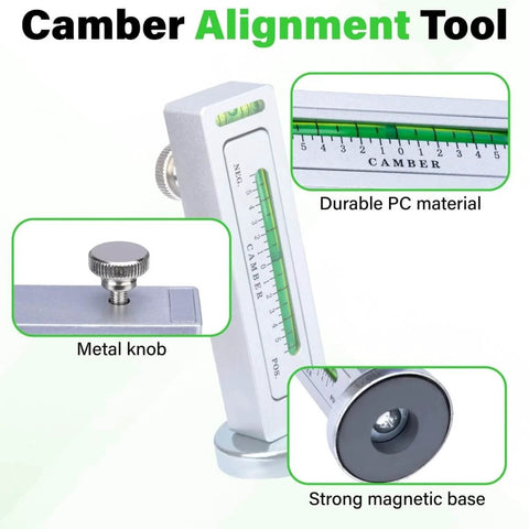 Universal Wheel Alignment Tool With Magnetic Camber Gauge showing durable PC material, metal knob, and magnetic base