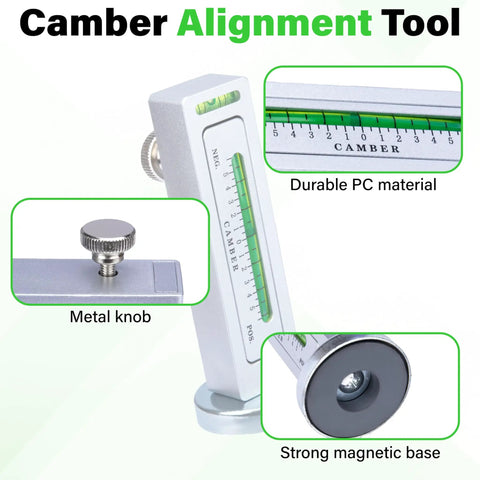 Universal Set Of Camber Wheel Alignment Tools That Snag Onto Wheels Or Brake Rotors For Dead Bang On Plus Or Minus Five Degree Settings To Get Your Vehicle Running Tight Again Without The Garage Hassle, featuring metal knob and strong magnetic base.