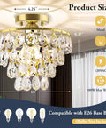 Gold Finish Crystal Ceiling Light Semi Flush Mount Chandelier With E26 Base, sparkly raindrop crystals, metal frame