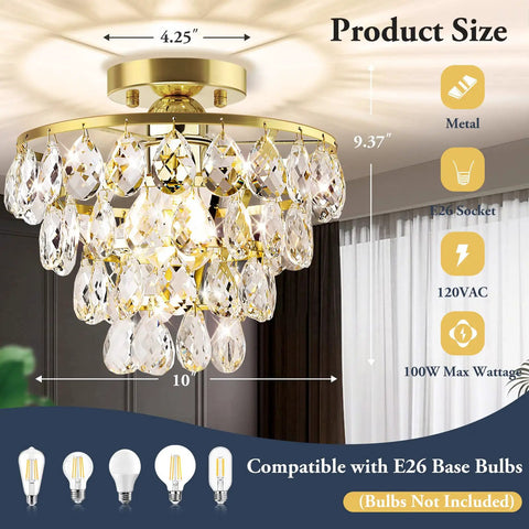 Gold Finish Crystal Ceiling Light Semi Flush Mount Chandelier With E26 Base, sparkly raindrop crystals, metal frame