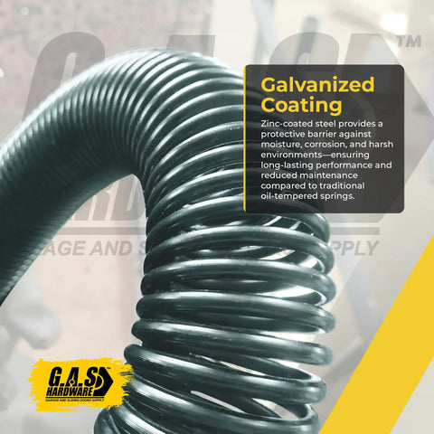 Close-up of Garage Door Torsion Spring 243x2x28 Replacement in Galvanized Steel with text about galvanized coating benefits.